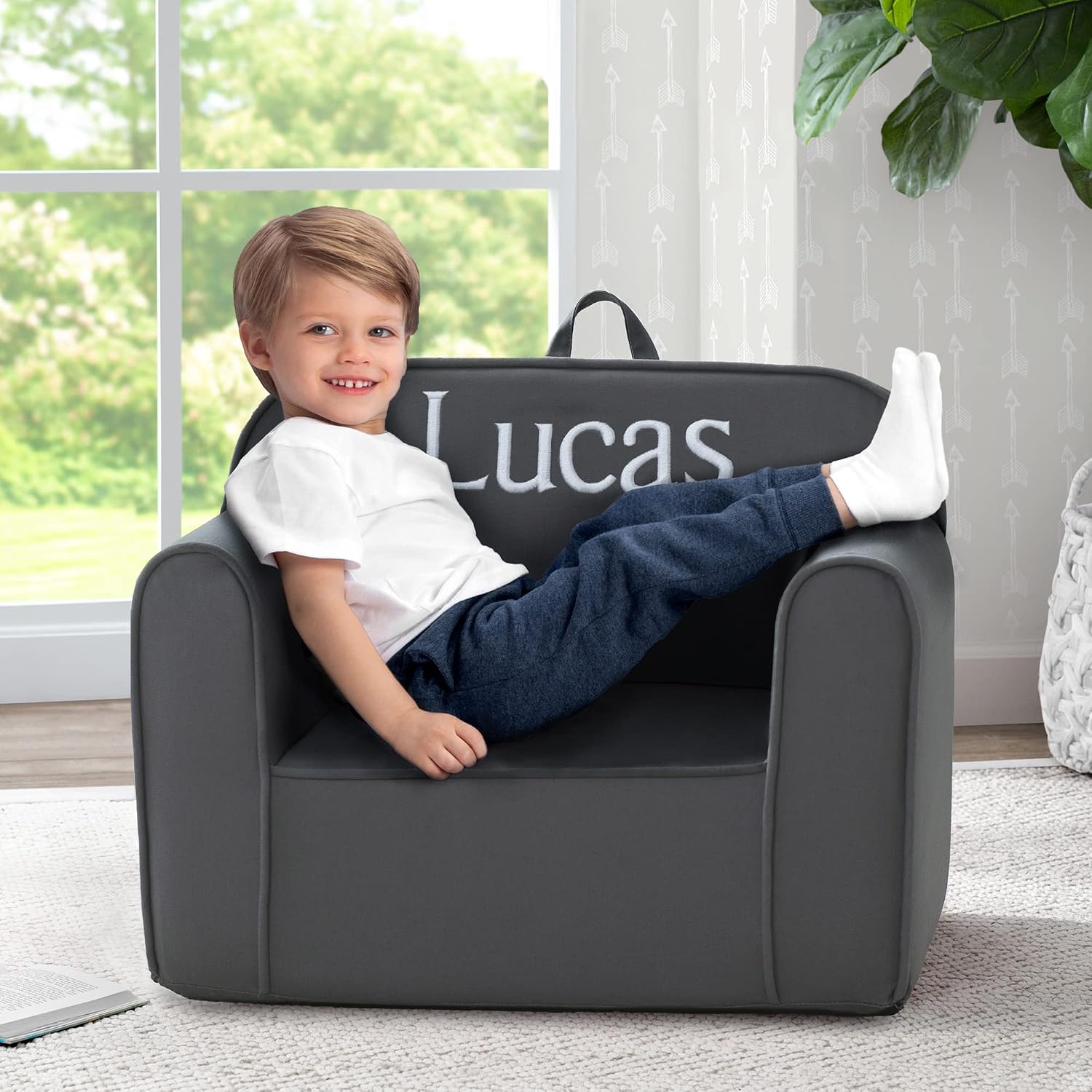Delta Children Personalized Cozee Chair – Customize with Name – Foam Kids Chair for Ages 18 Months and Up, Dark Grey