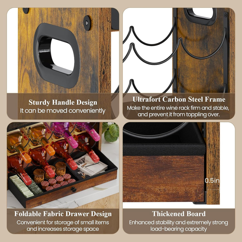 3-Tier Countertop Wine Rack, Coffee Syrup Rack Organizer With Drawer for Coff...