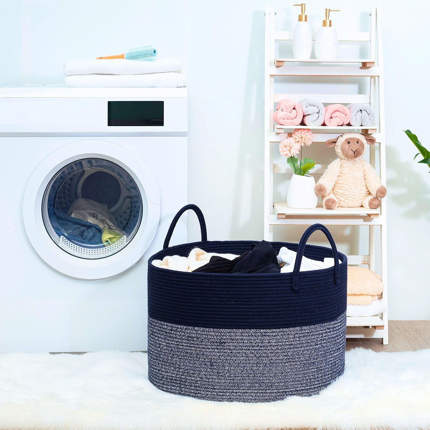 MINTWOOD Design Extra Large 22 x 14in Decorative Woven Cotton Rope Blanket Storage Basket Bin Living Room with Long Handles, Laundry Hamper for Pillows, Pool Towels, Dog Toys, Shoes, Navy Blue