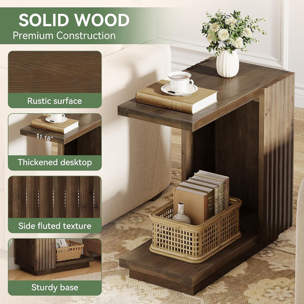Solid Wood Side Table, C Shaped Narrow Sofa End Table with Fluted Panels and ...