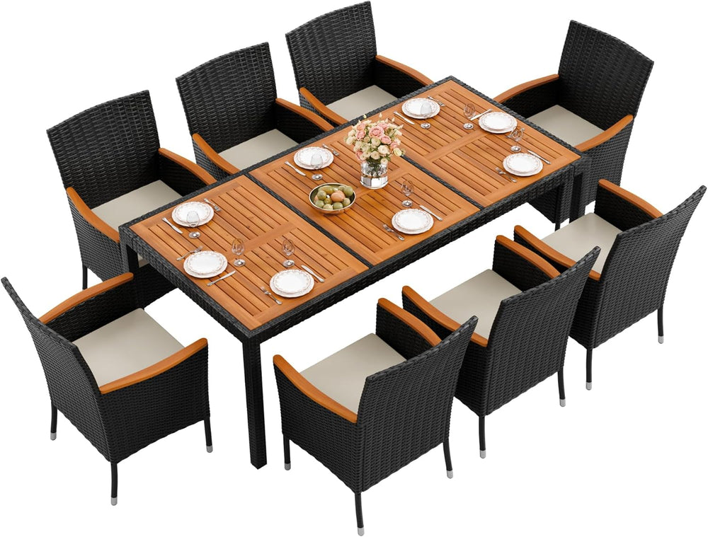 Flamaker Patio Dining Set for 8 Outdoor Acacia Wood Table and Chairs, Black