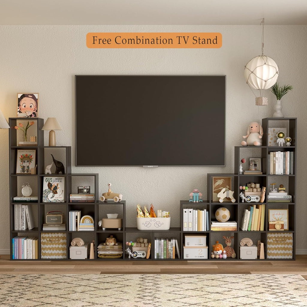 Ladder Cube Storage Bookcase - Wooden L-Shaped 5-Tier Corner Shelf, Reversible 15-Cube Organizer for Home & Office, Black