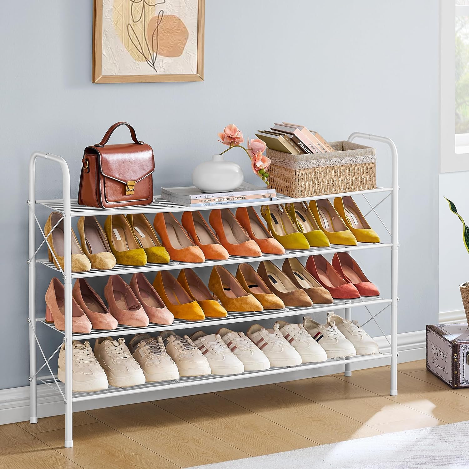 Hoctieon 4 Tier Mesh Style Shoe Rack, Entryway Shoe Shelf, Shoe Storage Organizer, Shoe Rack for Closet, Space Save for Bathroom, Garage, Hallway, Bedroom, Living Room, White