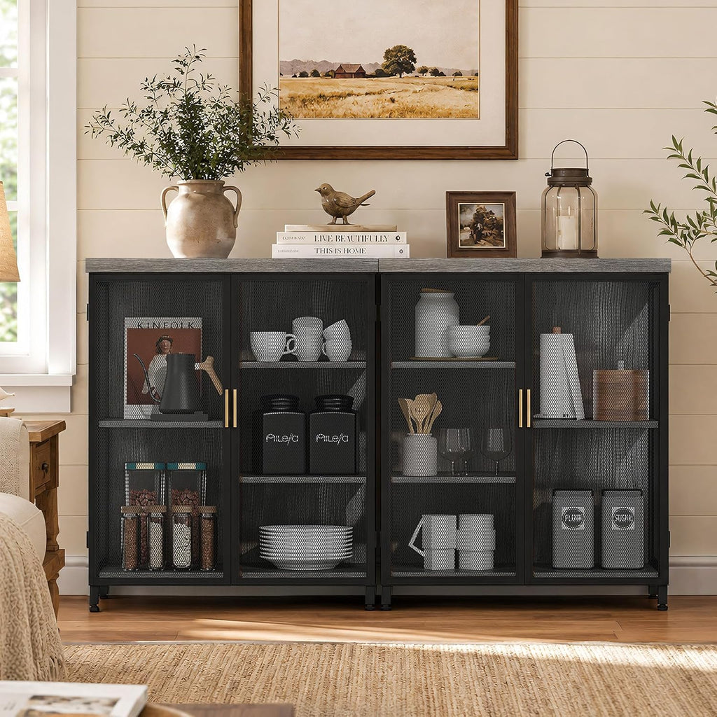 Coffee Bar Cabinet with Adjustable Shelves,Liquor Cabinet with Wire Mesh Doors,Space-Saving Buffet Cabinet, for the Kitchen, Dining Room, and Living Room, Gray