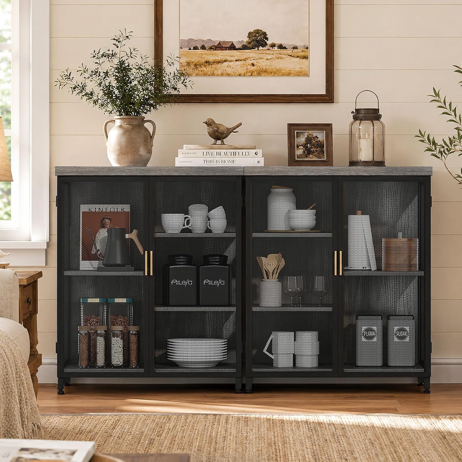 Coffee Bar Cabinet with Adjustable Shelves,Liquor Cabinet with Wire Mesh Doors,Space-Saving Buffet Cabinet, for the Kitchen, Dining Room, and Living Room, Gray