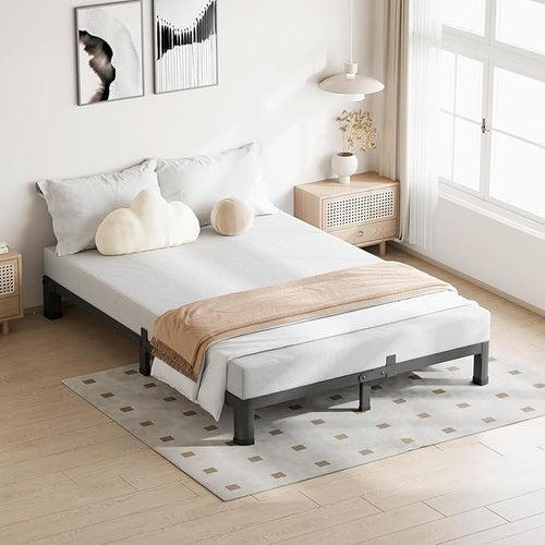 4 Inch Queen Bed Frame, 3500Lbs Heavy Duty Metal Platform with Round Corner Legs Mattress Slide Stopper, Steel Slat Support No Box Spring Needed, Noise Free, Non-Slip, Easy Assembly