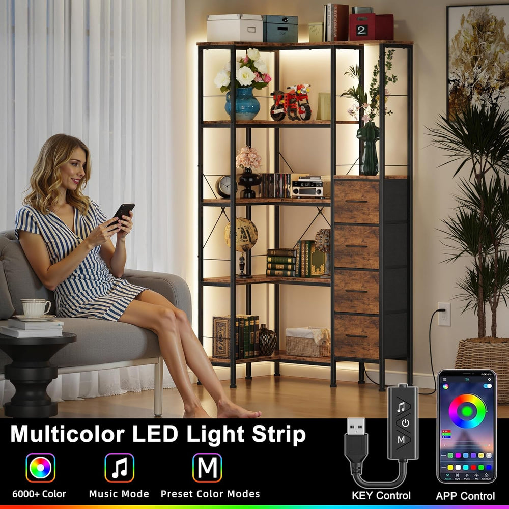 AFLUI 5-Tier Corner Bookshelf with LED Light Strips, 4 Fabric Drawers