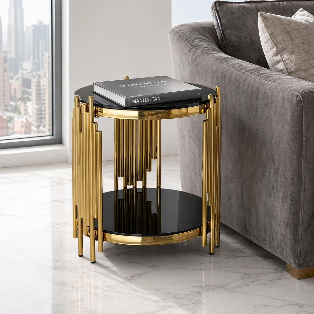 Modern Round End Table Gold Side Table with Glass Top Living Room