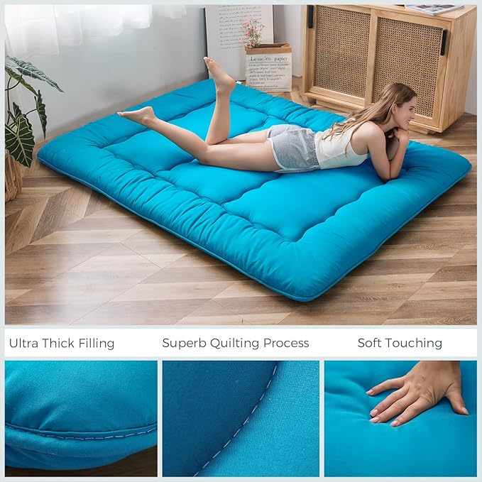 MAXYOYO Japanese Floor Mattress Futon Mattress, 4" Thicken Tatami Mat Sleeping Pad Foldable Roll Up Mat Boys Girls Dormitory Pad Kids Floor Lounger Pillow Bed, Charcoal Grey, Queen Size