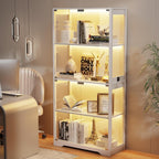 Display Cabinet with Glass Doors, 4-Tier Curio Cabinet with 3 Color Lights for Collectibles, Glass Display Case with Human Body Sensor, Bookcase with 4 Shelves, Storage Cabinets, White