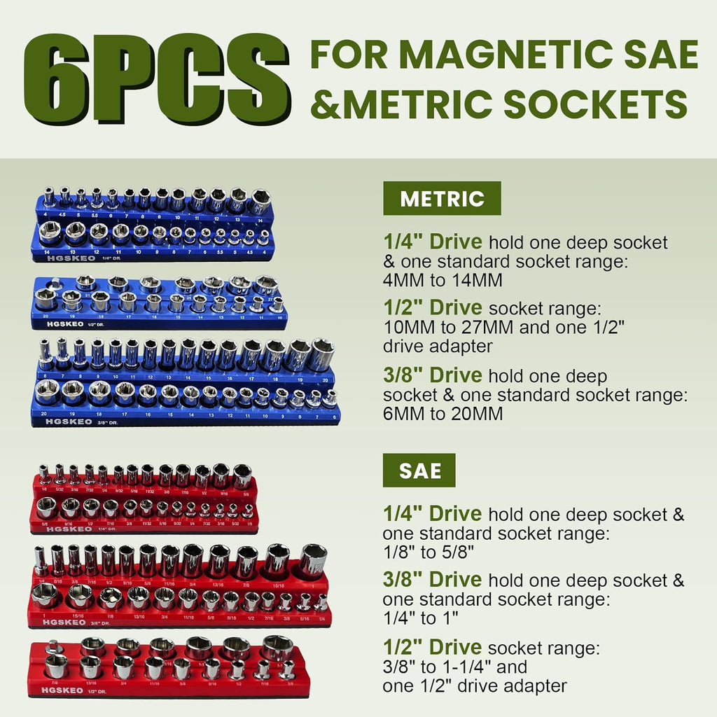 Magnetic Socket Organizer Set, 6 Pcs Red SAE and Blue Metric Socket Tray Set for 1/4", 3/8" & 1/2" Sizes Drive, Socket Holder Holds 143 Sockets for Tool Box