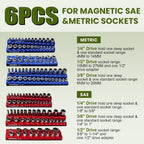 Magnetic Socket Organizer Set, 6 Pcs Red SAE and Blue Metric Socket Tray Set for 1/4", 3/8" & 1/2" Sizes Drive, Socket Holder Holds 143 Sockets for Tool Box