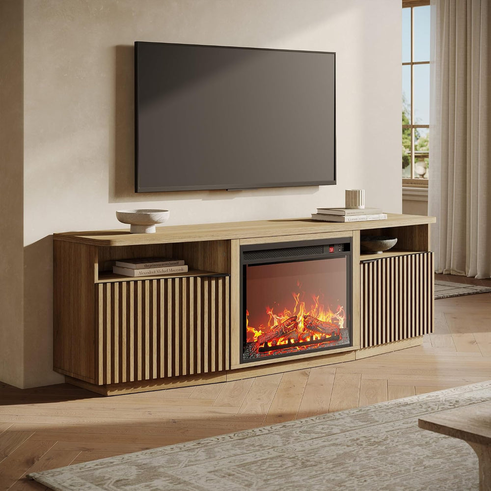 BELLEZE Fluted TV Stand with 23" Electric Fireplace Heater with Sound, 6...