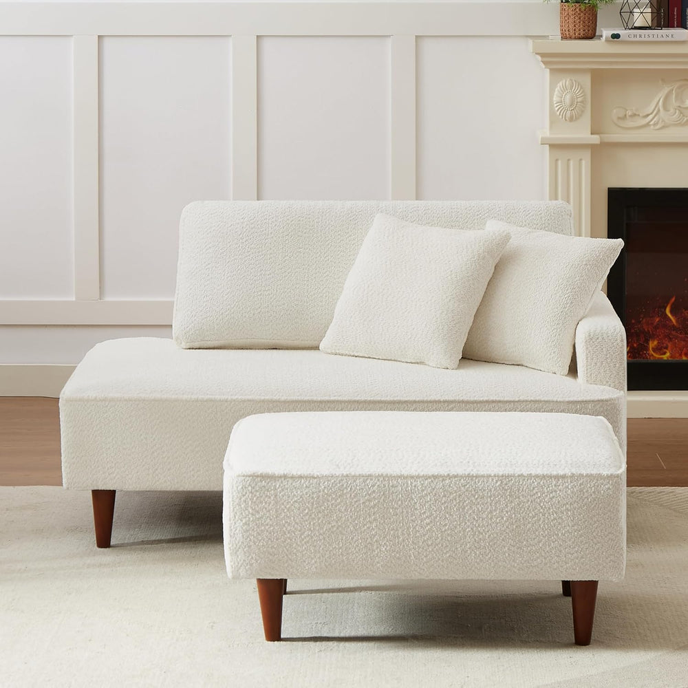 Upholstered Chaise Lounge Chair Indoor with Ottoman Boucle Chaise Lounge Fluf...