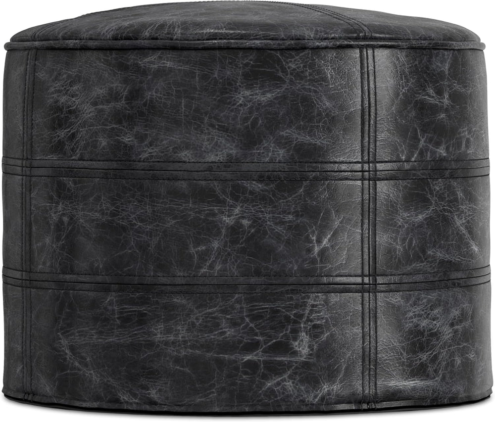 SIMPLIHOME Connor 18" Wide Round Pouf in Distressed Black Genuine Leather
