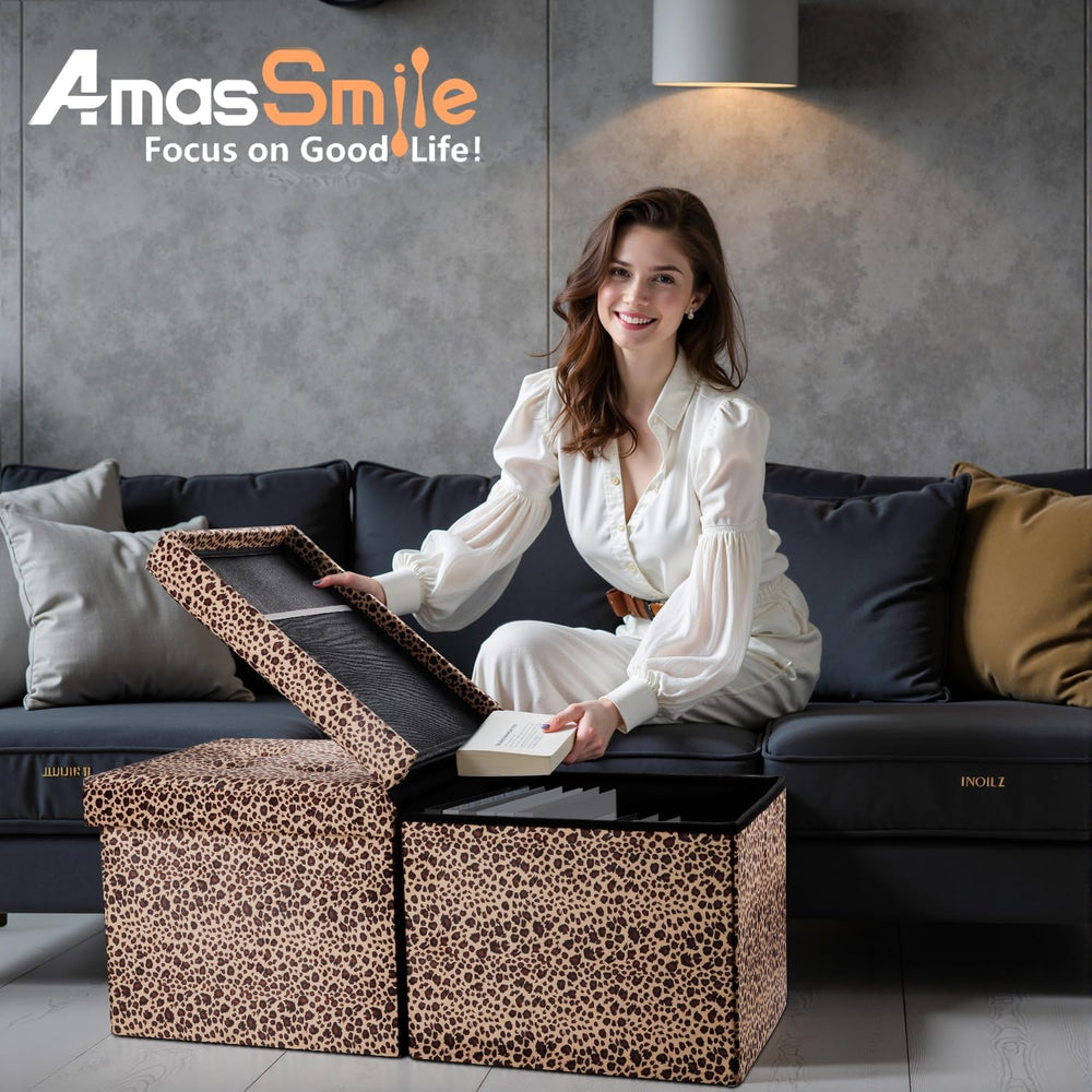 AmasSmile Footrest Ottoman Storage Bench,34" Velvet Folding Chest,Leopar...