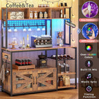 Itaar 47.2 Inch Bakers Rack with Power Outlet, Microwave Stand with Storage, Farmhouse Coffee Bar Cabinet Station with Wine Rack, Iron Mesh and 8-S Hooks (Rustic Brown)