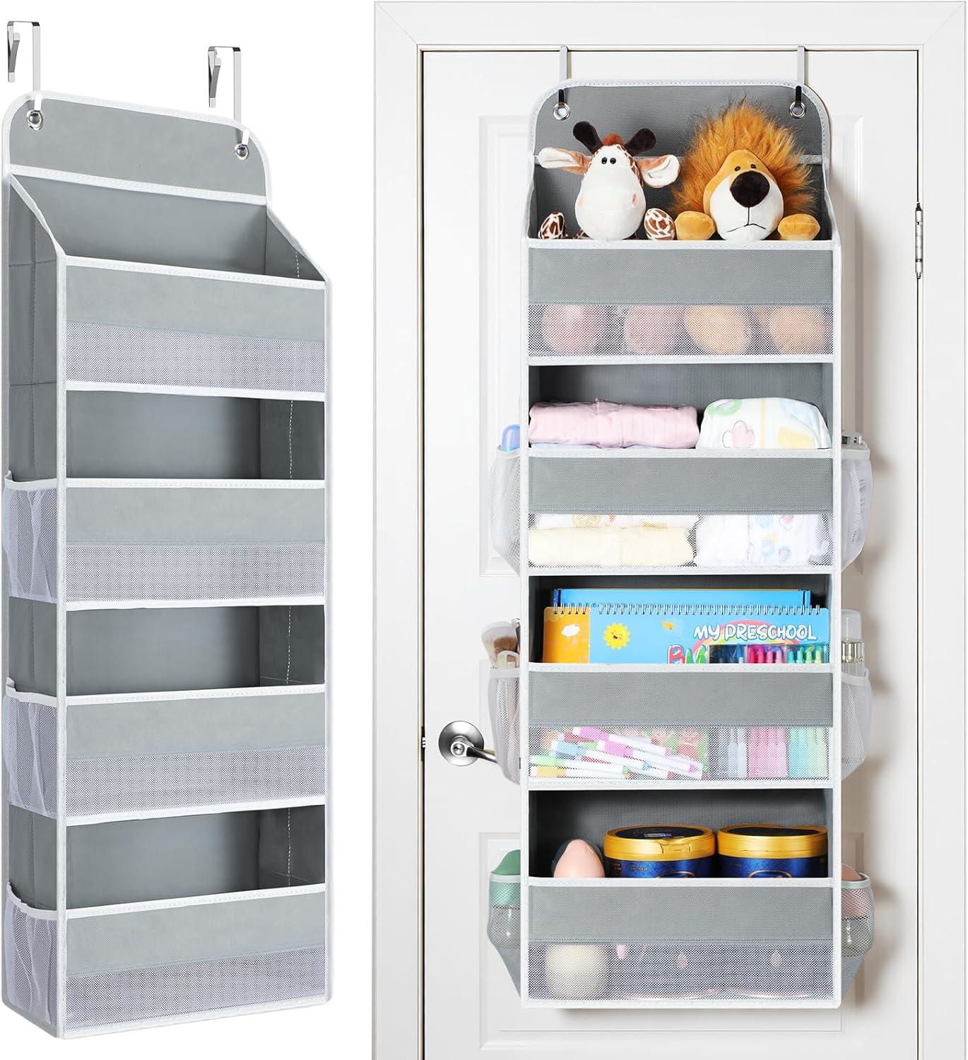 Yecaye Over The Door Organizer, Heavy Duty Hanging Organizers and Storage with 4 Large Capacity Pockets, Swing-Proof Behind The Door Storage for Bathroom Nursery Bedroom Dorm Closet, Grey
