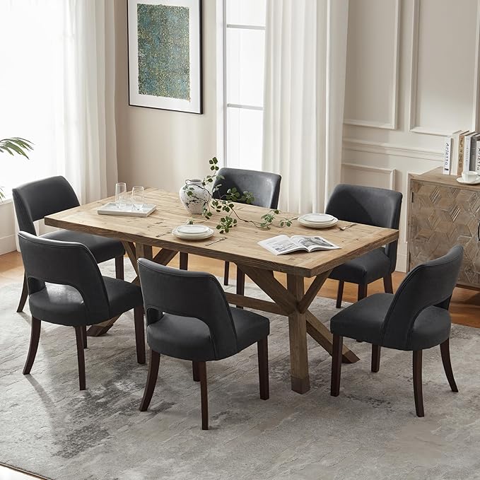 VKNOW Modern Dining Chairs Set of 6, Faux Leather Upholstered Dining Room Chair Kitchen Chairs, Farmhouse Dinner Chair for Kitchen Dining Room, Black