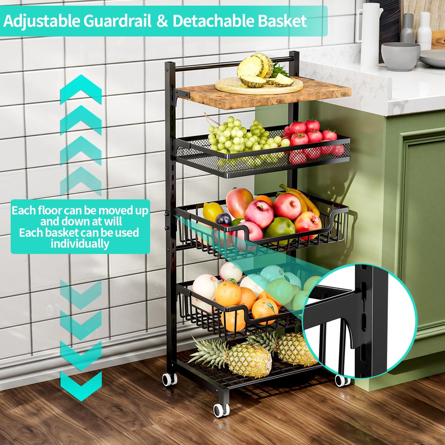 HapiRm Fruit Basket Kitchen Cart - 5 Tier Adjustable Vegetable Storage Rack, Large Capacity Rolling Kitchen Carts on Wheels for Snack Onion and Potato Storage