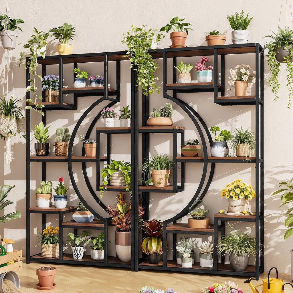 70.8" Tall Bookshelf Set of 2, 79" Wide Geometric Display Shelf with 18 Open Storage Shelves, Etagere Bookcase with Metal Frame – Anti-Tip & Adjustable Feet, Rustic Brown