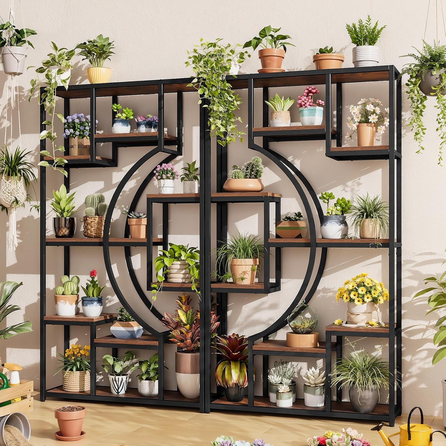 70.8" Tall Bookshelf Set of 2, 79" Wide Geometric Display Shelf with 18 Open Storage Shelves, Etagere Bookcase with Metal Frame – Anti-Tip & Adjustable Feet, Rustic Brown
