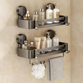 VOLPONE Shower Caddy Suction Cup, 2 Pack Corner Shower Shelves No Drilling, Showers Organizer Storage with Towel Bar & Removable Hooks, Bathroom Shower Shelf Rack for Inside Showers, Square