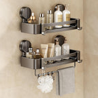VOLPONE Shower Caddy Suction Cup, 2 Pack Corner Shower Shelves No Drilling, Showers Organizer Storage with Towel Bar & Removable Hooks, Bathroom Shower Shelf Rack for Inside Showers, Square
