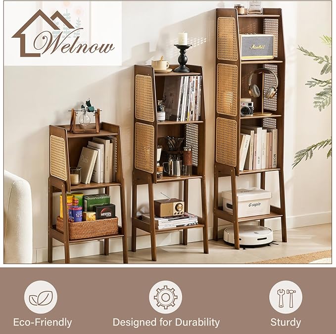 Welnow Bamboo Rattan Bookcase with Cabinet, 1-Tier Storage Shelf with Side Ta...