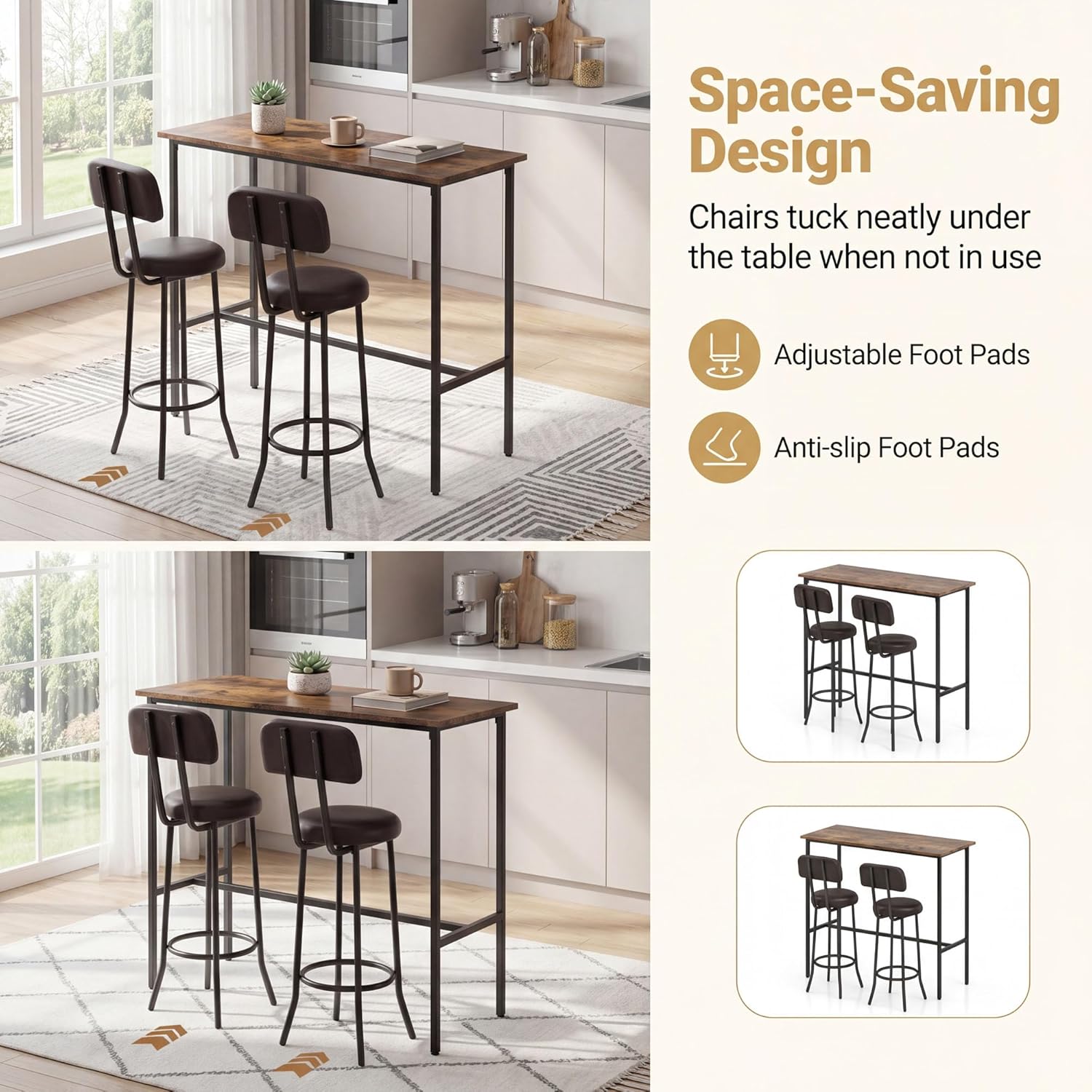 Giantex 3-Piece Bar Table and Chairs Set, Counter Height Pub Table and 2 Upholstered Stools with Backrest & Footrest, Space-Saving High Top Bistro Table Set for Breakfast Nook, Small Space