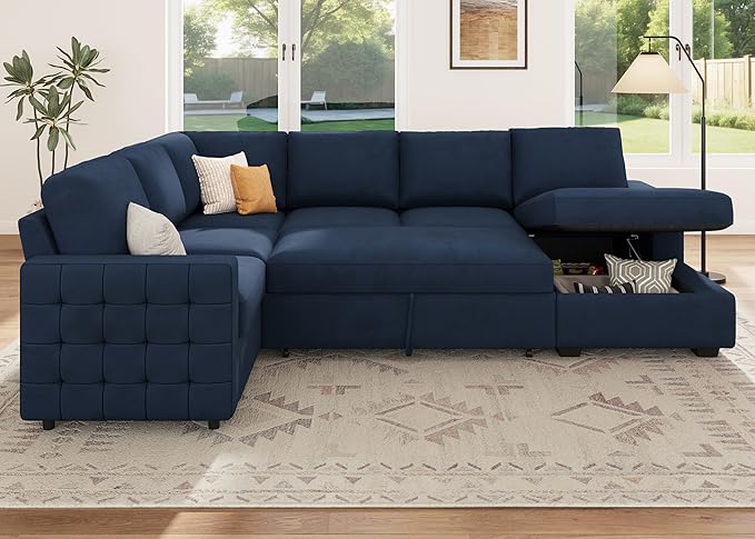 HONBAY Sleeper Sectional Couch with Pull-Out Bed Sectional Sleeper Sofa Pull Out Bed with Storage Chaise, 6 Seaters Couch for Living Room, Velvet Blue