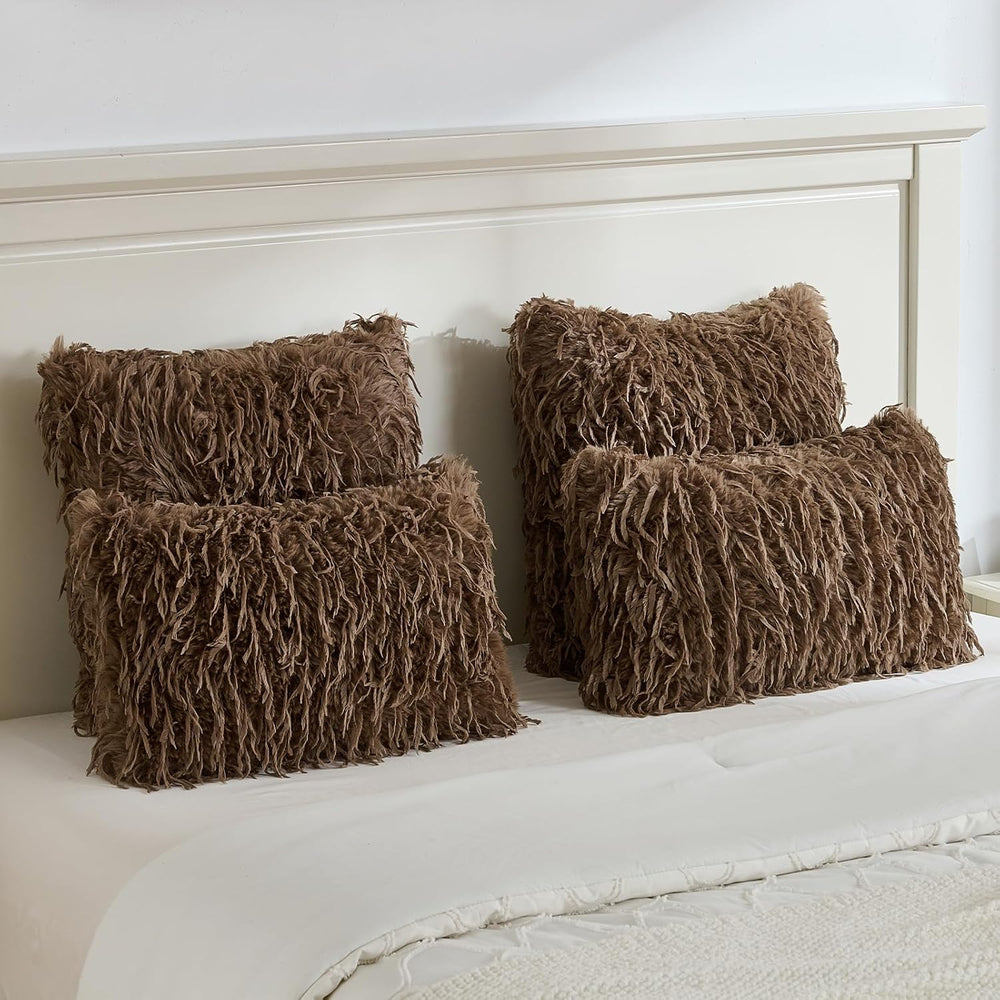 FUTEI Pack of 2 Fluffy Faux Fur Throw Pillow Covers 18x18 Inch, Brown