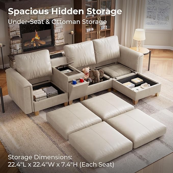 SITJOY 105" Faux Leather Modular Sectional Sofa with Storage, Mid Century Modern Sectional Couches for Living Room, 4 Seat L Shaped Couch with Chaise and Console Table, Hidden Cupholders, Greige