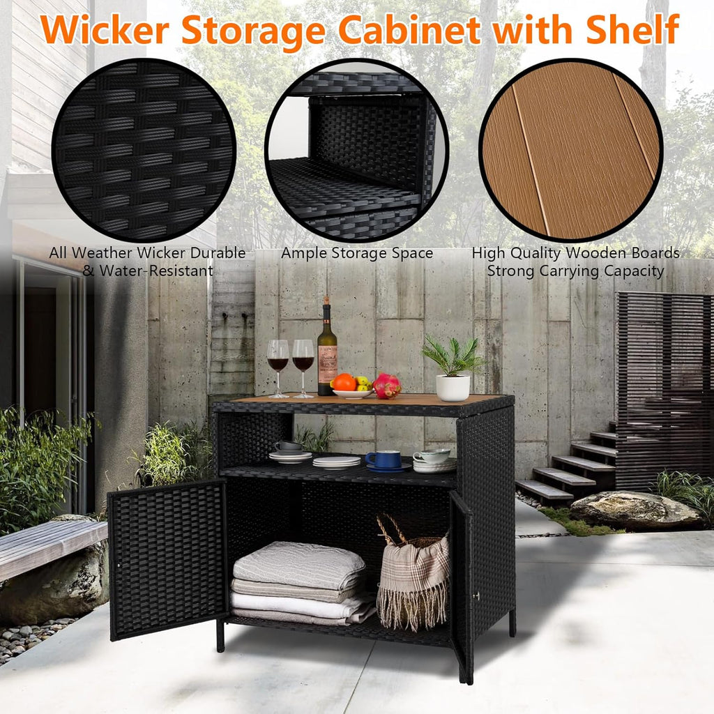 Garvee Patio Outdoor Wicker Storage Cabinet with Shelf, Powder Coated Steel, Patio Bar Table with 2-Door and Shelf, All Weather Resin Wicker, Patio Pool Garden Kitchen, Brown Table