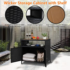 Garvee Patio Outdoor Wicker Storage Cabinet with Shelf, Powder Coated Steel, Patio Bar Table with 2-Door and Shelf, All Weather Resin Wicker, Patio Pool Garden Kitchen, Brown Table