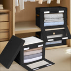 Collapsible Storage Bins - Large Stackable Organizer Bins, Decorative Boxes with Handles & Window, Fabric Containers for Living Room, Closet, Dorm, 2 Pack, Black