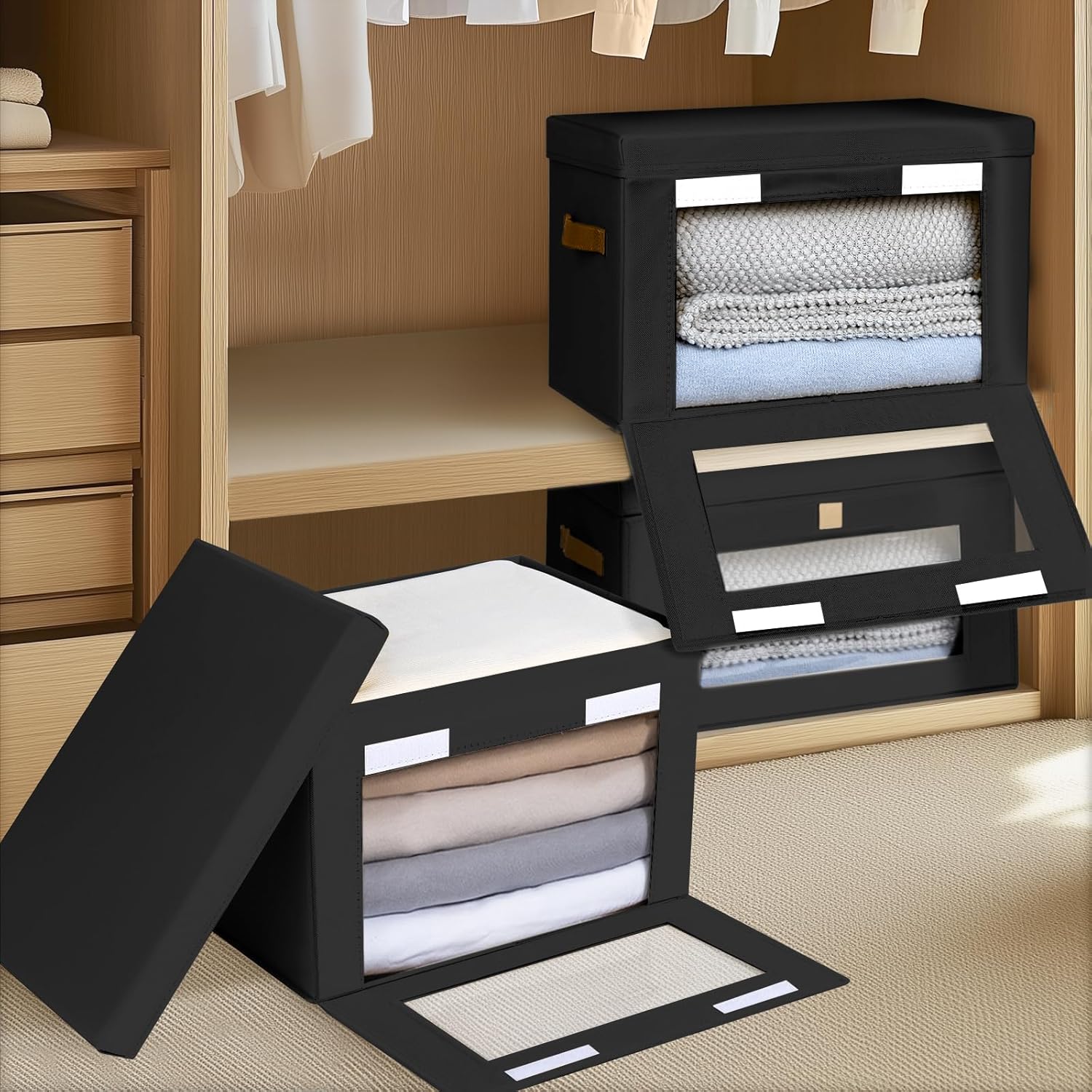 Collapsible Storage Bins - Large Stackable Organizer Bins, Decorative Boxes with Handles & Window, Fabric Containers for Living Room, Closet, Dorm, 6 Pack, Black