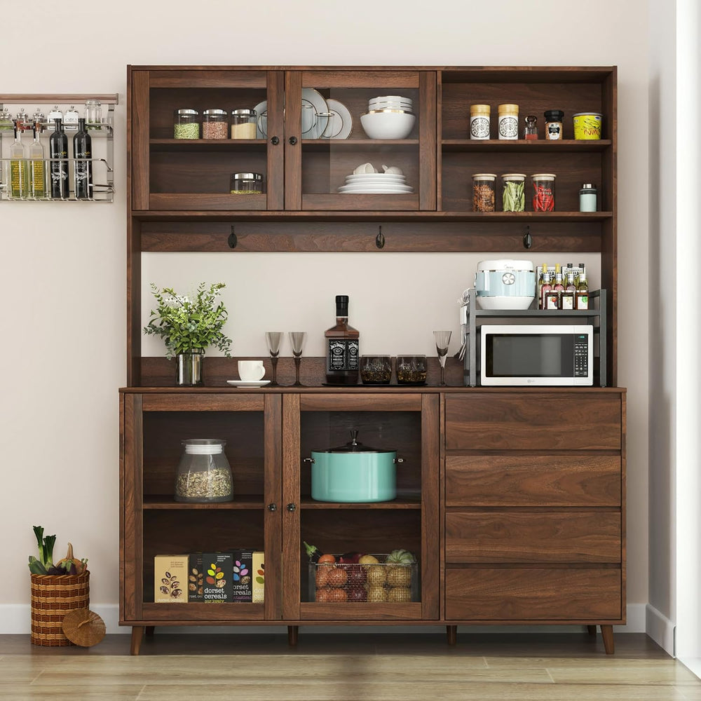 63" Large Kitchen Hutch Cabinet with 4 Doors, 4 Drawers and Microwave Sh...
