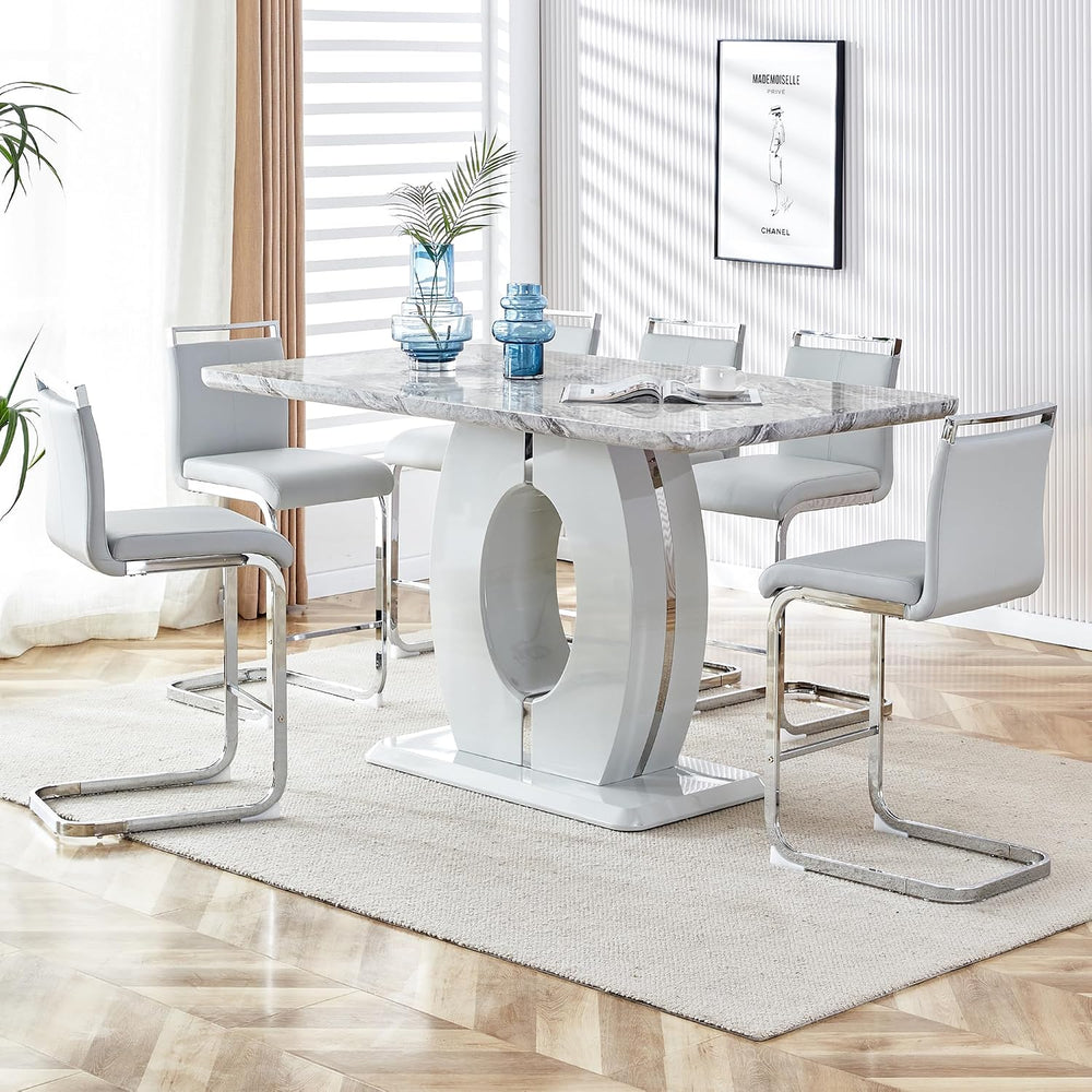 7 Piece Marble Dining Table Set for 6,Counter Height Dining Table Set,63&quot...
