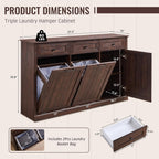 Triple Tilt Out Laundry Hamper Cabinet, 20 Gallon Farmhouse Trash Can Cabinet w/Drawer & Adjustable Shelf, Hidden Garbage Can Bin Cabinets w/Laundry Basket for Bathroom, Kitchen (Brown)