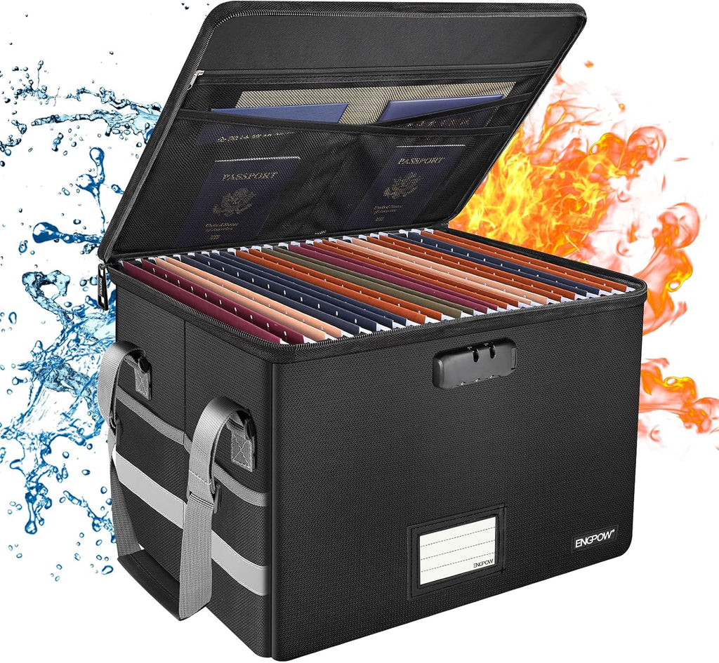 ENGPOW File Box with Lock,Fireproof Document Box with Zipper＆Pockets,Collapsible File Organizer Filing Storage Cabinet with Handle,Portable Home Office Safe for Hanging Letter/Legal Folder,Black