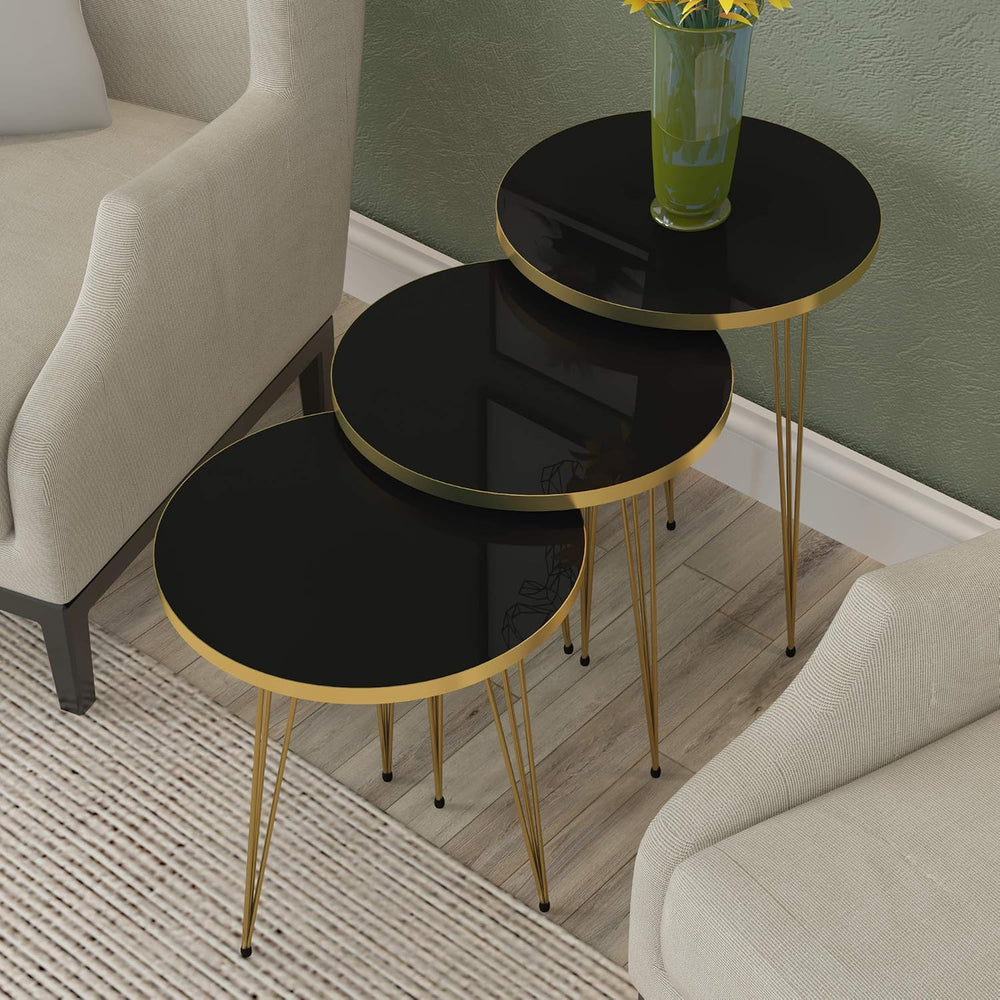 Set of 3 High Gloss Black Gold Legs Nesting End Tables Round Wood Stacking Co...