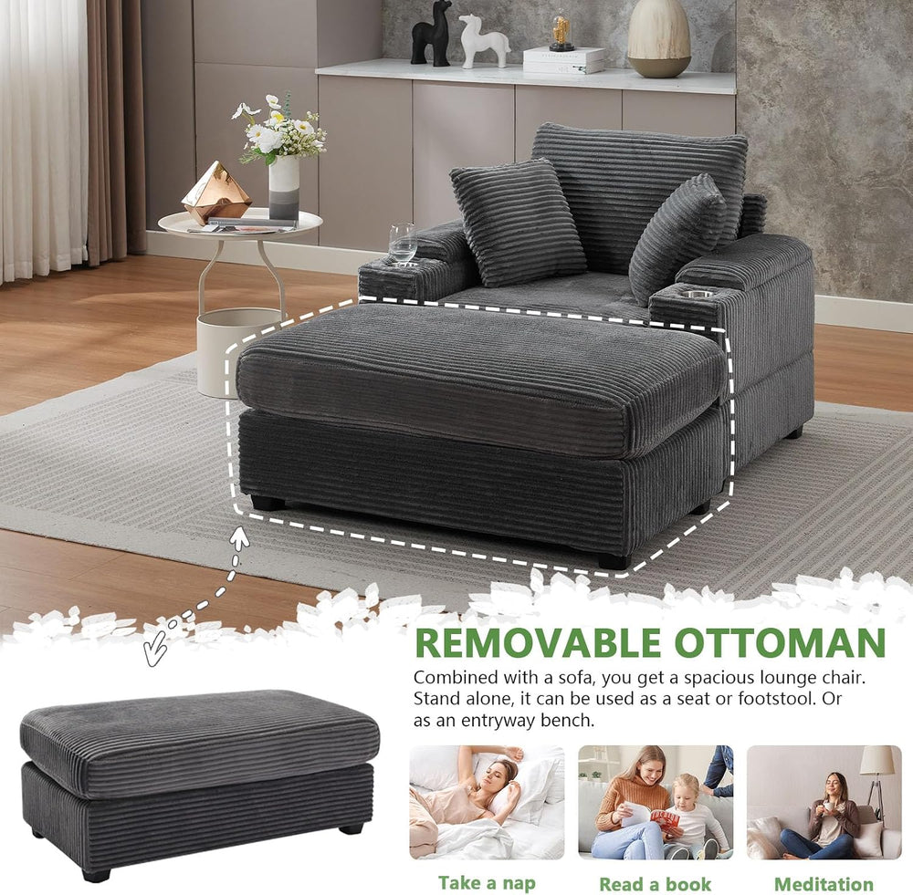 Oversized Corduroy Chaise Lounge Chair Indoor with Storage and Ottoman, Sleep...