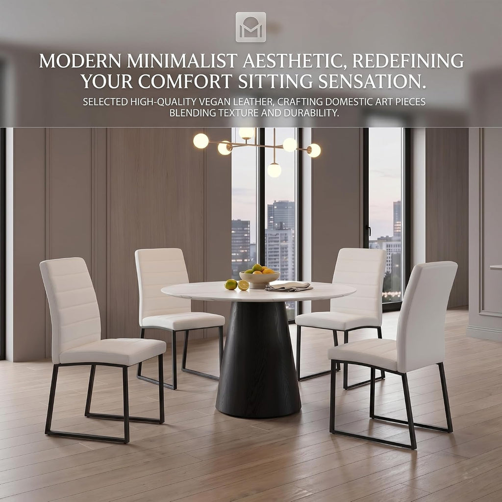 Modern Dining Chairs Set of 4, White Faux Leather Kitchen Chairs, Upholstered Armless Dining Room Chair with Black Mental Legs Heavy Duty, Comfortable (White Chairs, Set of 4)
