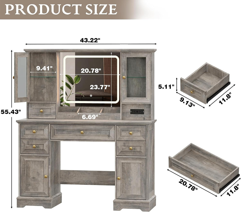 Xixini 43.3" Farmhouse Vanity Desk with LED Mirror, RGB Cabinets, Grey |...