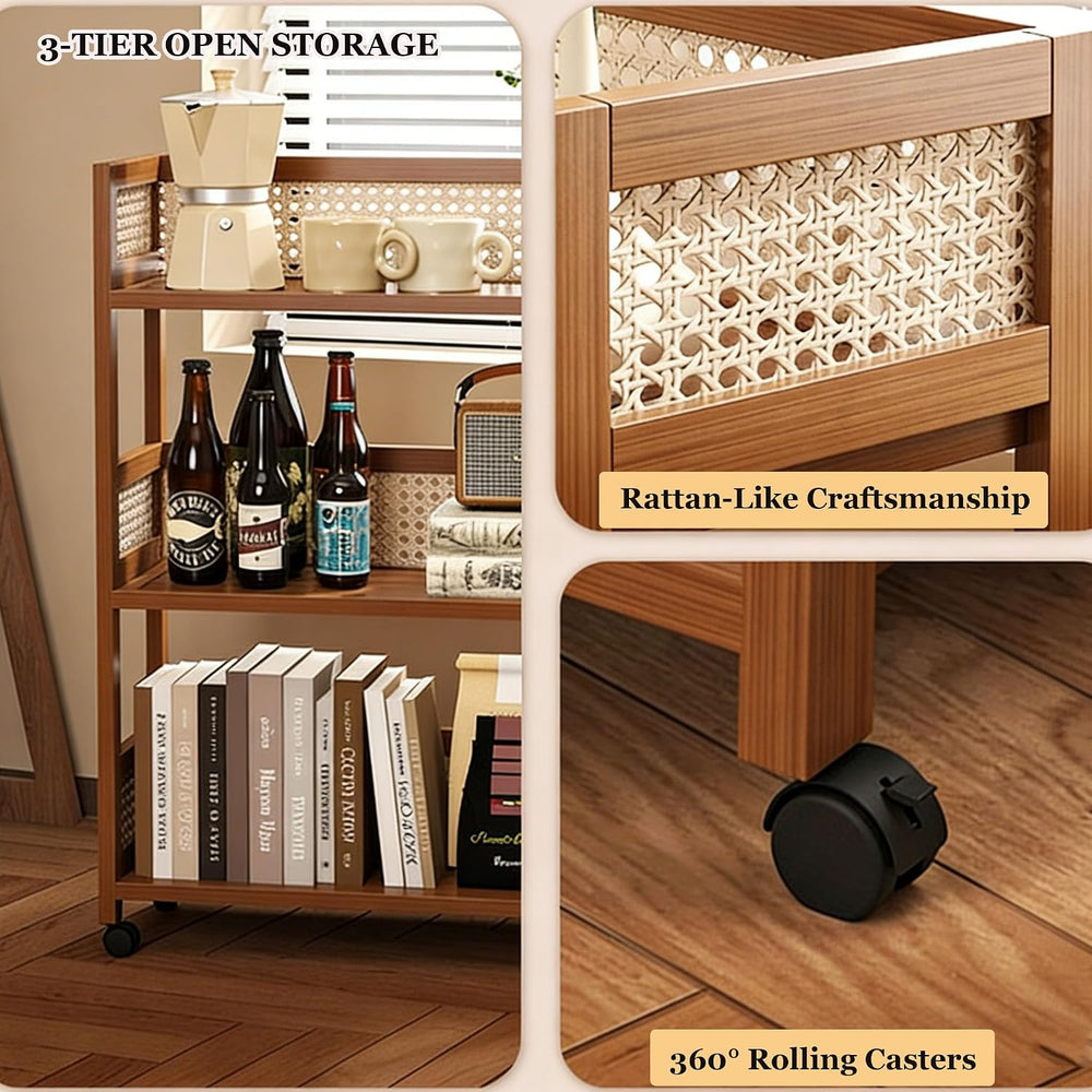 2-Tier Rolling Cart,Open Rattan Bookcase and Bookshelf,Mobile Bookshelf with ...