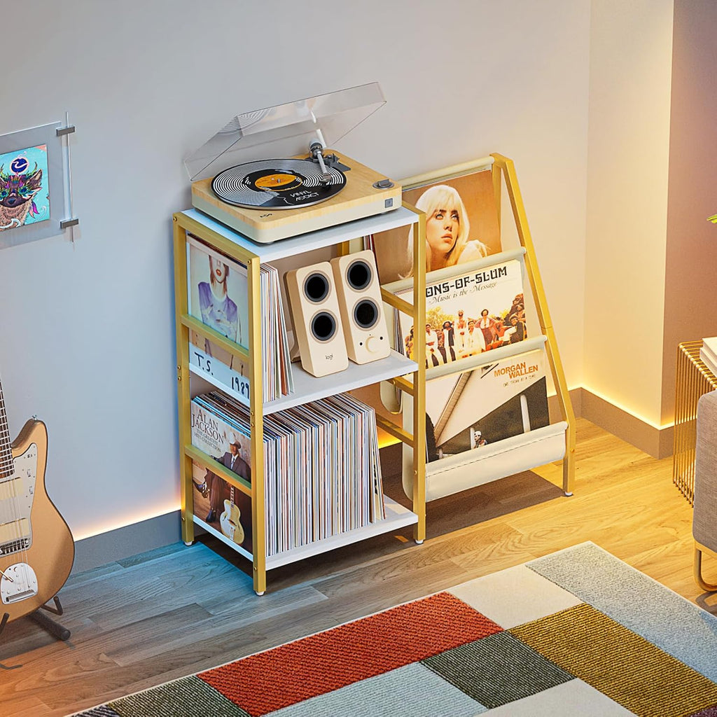 Record Player Stand, Vinyl Record Storage Table with Display Holder Shelf | Record Player Table with Vinyl Organizer 200 Album Rack, Mid Century Modern Turntable Stand, Vintage Media Console for Stereo