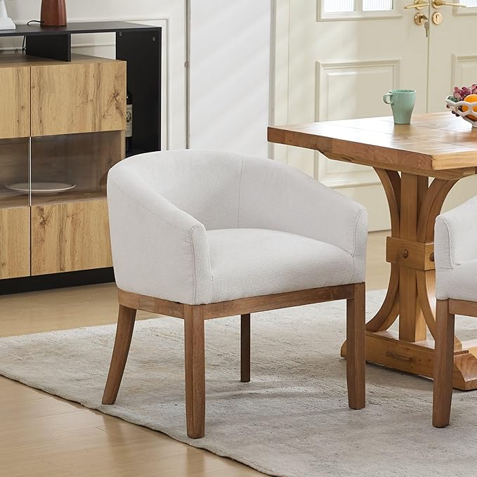 SoarFlash Mid Century Modern Upholstered Barrel Dining Chairs with Arms, Farmhouse Linen Kitchen and Dining Room Chairs, with Natural Hardwood Frame (Beige)