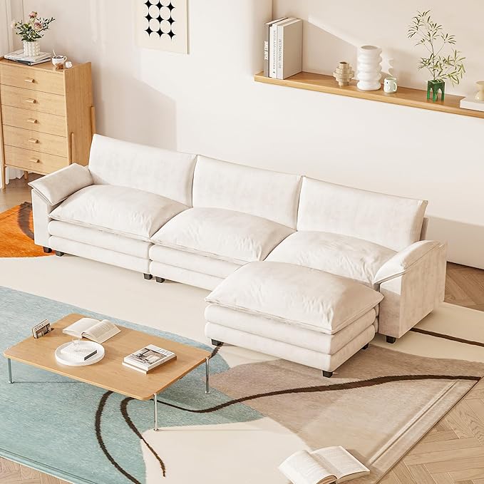 Furniwell 119" Modular Couch 3-Seat Sofa with Reversible Ottoman, Cloud Couch L Shaped Sofa with Deep Seat, Chenille Sectional Couches for Living Room