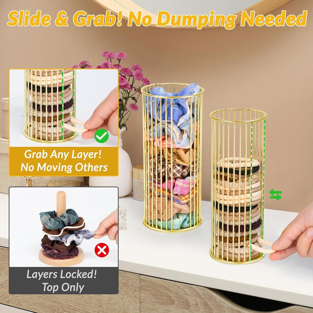 Gold Metal Hair Ties Holder Organizer – Stylish Scrunchie Stand with Side Opening for Easy Access – Countertop Hair Elastics Storage for Women & Girls, Set of 2 (Large & Small)